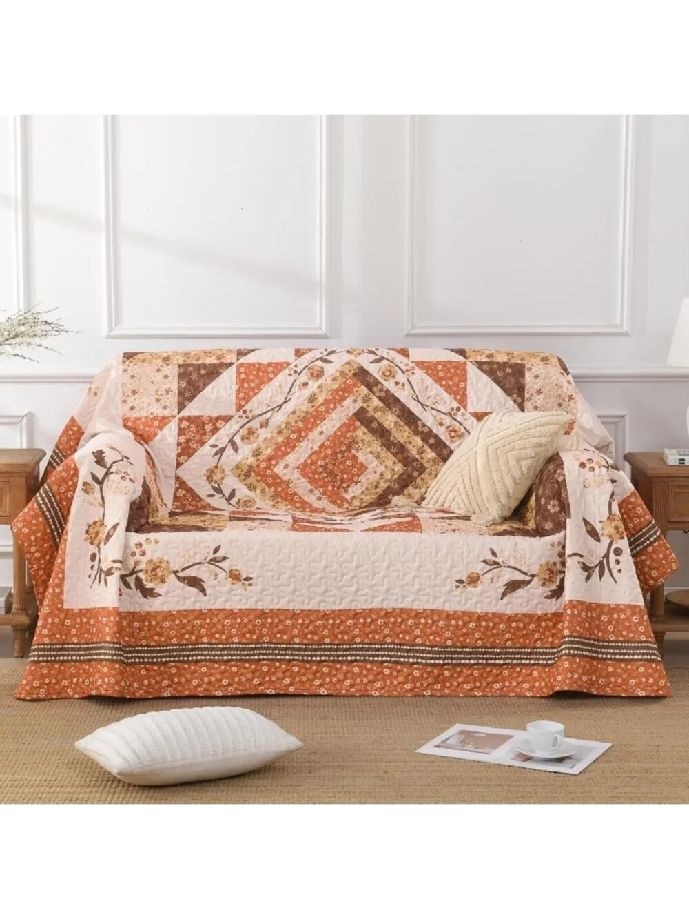 Cozy Patchwork Queen Quilt Set - Fall Orange Floral Farmhouse Bedspread